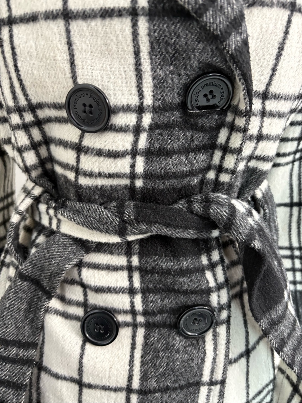 Jou Jou Black & White Plaid Double-Breasted Belted Peacoat - Picture 3 of 10